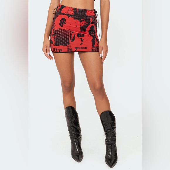 EDIKTED RED AND BLACK MESH POLKA DOT Y2K GRUNGE GRAPHIC LACE UP MINI SKIRT - Picture 8 of 11